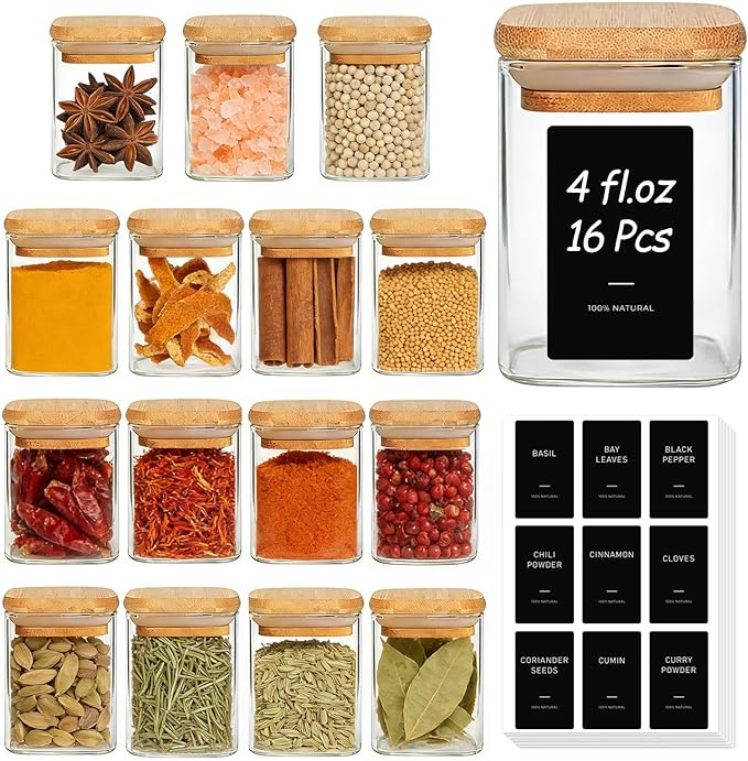 ComSaf Spice Jars with Label 4oz 16 Pack, Glass Spice Jars with Bamboo Lid, Small Seasoning Containers with 54 Black Labels, Stackable for Kitchen, Pantry Organization, Loose Tea, Herbs, Powders, Salt