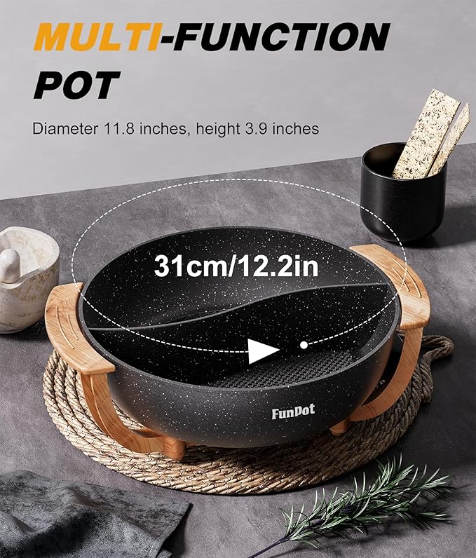 Multi-Temp Electric Hot Pot with Dual Dividers, 1100W Fast Heat & Auto Safety Shut-Off, 6L Family-Size Non-Stick Pot for 4-12 People (Wraparound Wood-grain Handles)