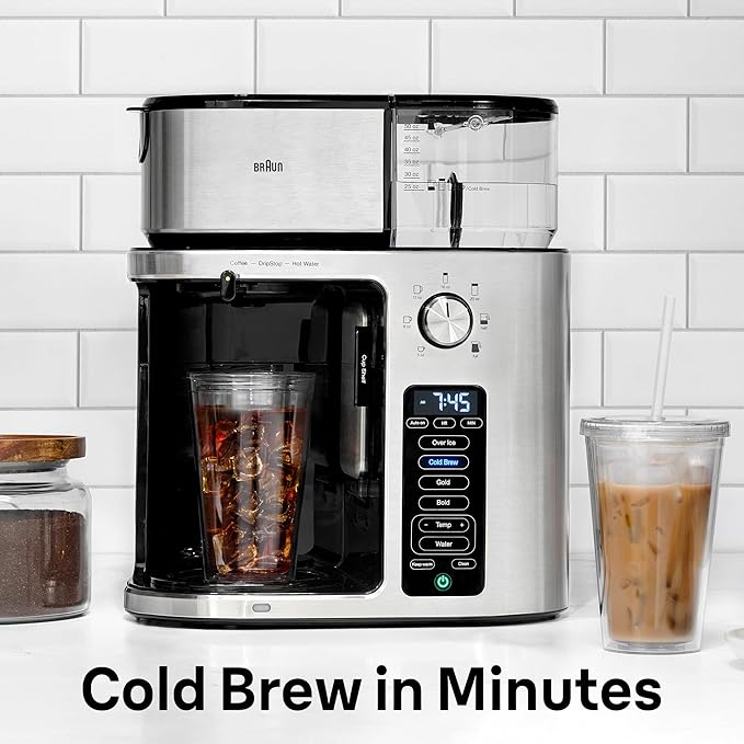 Braun MultiServe Plus 10-Cup Drip Coffee Maker - Hot & Cold Multi-Serve Brewer with Timer and Auto Start, Hot Water Dispenser, Over Ice Function, Stainless Steel & Pod-Free Design, KF9370SI