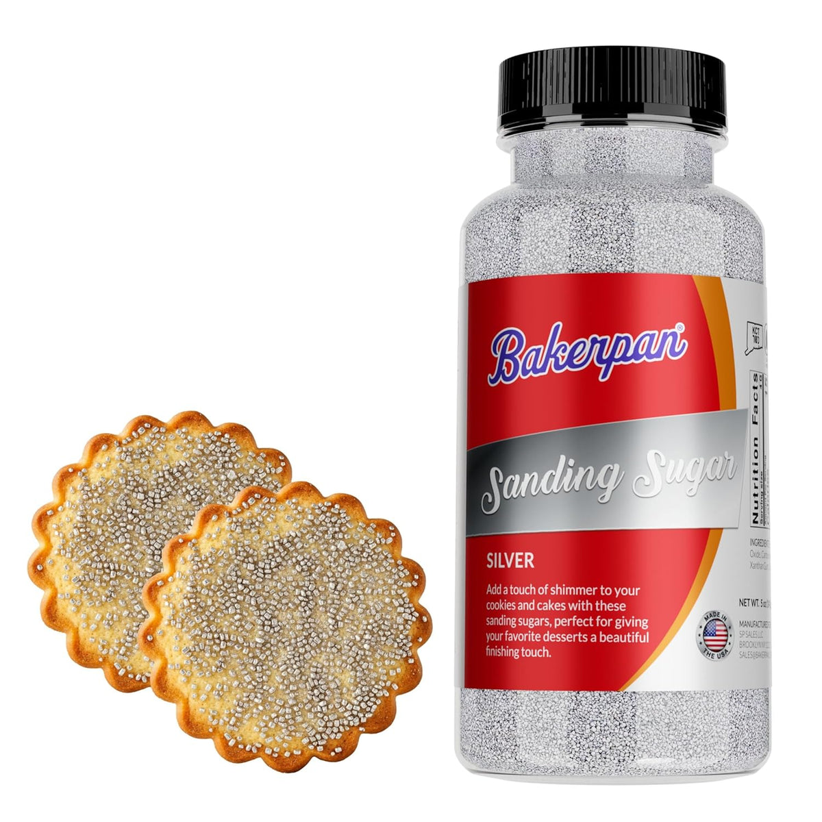 Bakerpan Silver Sanding Sugar for Baking & Cookie Decorating - 5 Ounce Edible Silver Sugar Sprinkles for Cookies, Cakes, Cocktails (Made In USA)