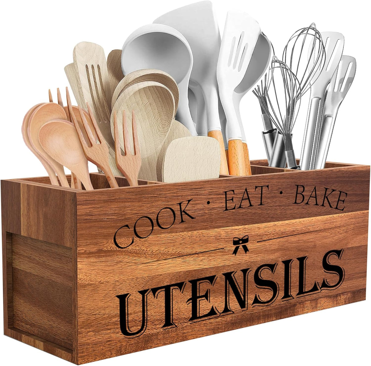 Suli Acacia Wood Utensil Holder for Kitchen Counter,Extra Large Utensils Holder with 4 Compartments,Caddy Organizer for Countertop, Farmhouse Kitchen Decor, Rustic Cooking Utensil