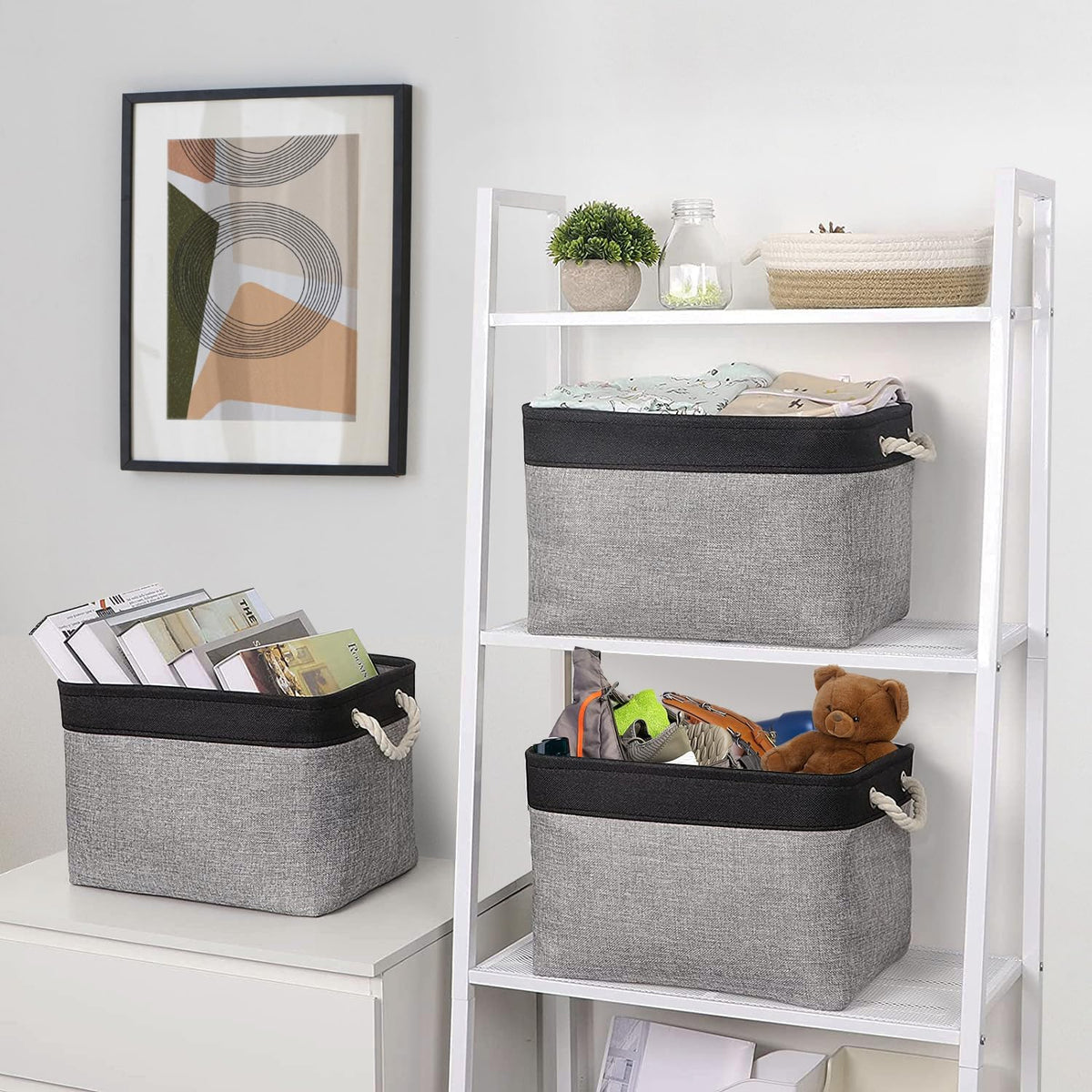 TheWarmHome Storage Basket for Organizing - 16x12x12 inch Cube Storage bin 3 Pack Fabric Storage Cubes, Collapsible Storage Box for Organizer Cloth Gift Toy Closet (Black & Grey)