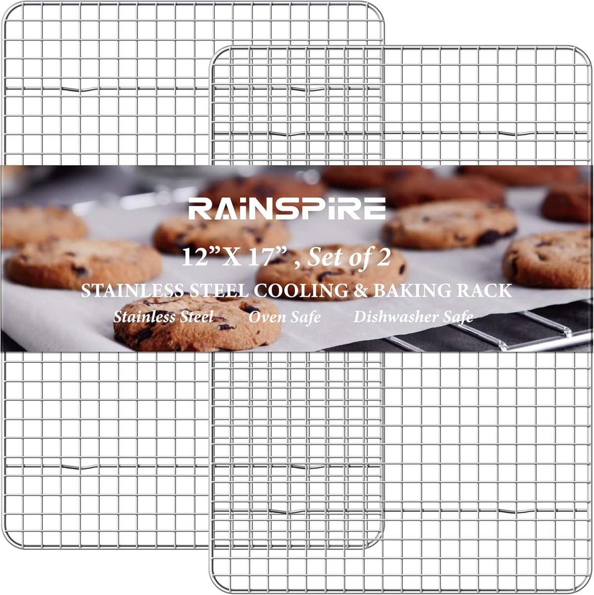 Rainspire Cooling Rack Stainless Steel, Heavy Duty Cooling Racks for Cooking and Baking, Oven Safe Wire Rack for Cooking, Baking Rack for Oven Cooking Fits Half Sheet Cookie Pan, 12" x 17", 2-Pack