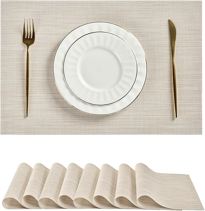 Leetaltree Beige White Placemats Set of 8 - Heat Resistant Non-Slip Place mats for Dining Table, Washable Durable PVC Vinyl Woven Table Mats(Beige White, 8)