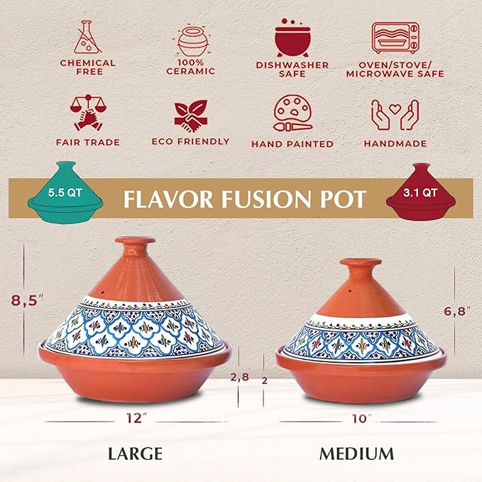 Kamsah Tagine Pot for Cooking and Flavor Enrichment - Medium Clay Pot 10”, 3.1 QT - Non-Stick Handmade Cookware - Moroccan Ceramic Pots for Cooking with Lid & Serving Bowl - Bohemian Classic Turquoise