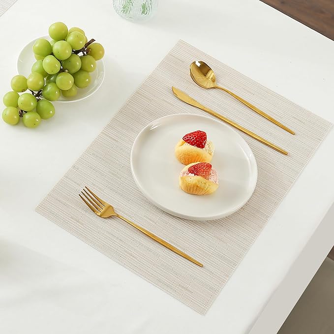 Leetaltree Pale Beige Placemats Set of 8 - Heat Resistant Non-Slip Place mats for Dining Table, Washable Durable PVC Vinyl Woven Table Mats（Pale Beige, 8）