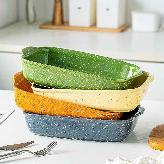 Ceramic Baking Dishes for Oven,Heavy Duty Bakeware Dish Set of 3, Rectangular Casserole,Lasagna Pan Deep,High Heat Resistant,Glazed Handcraft Speckle Series (13.8''/12''/9.6''Green)