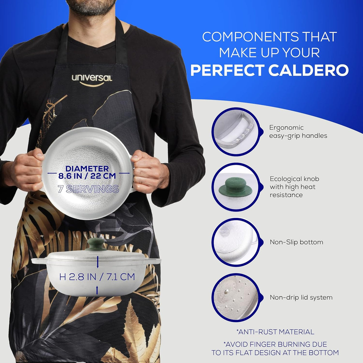 Universal (Small Size) Caldero 7 Cups - 2.4 QT / 2.3 L, Stainless Aluminum Pot, Even Heat Distribution and Fast Cooking Dutch Oven Pot, Ergonomic Handles, Ideal for Rice, French Fries, and More