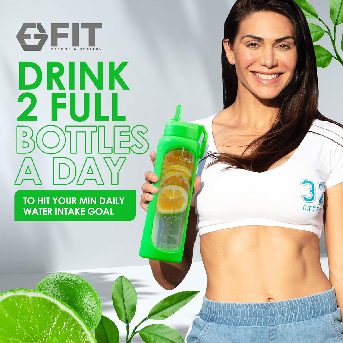 FIT Strong & Healthy 32 oz Glass Water Bottle with Straw Lid, Time Marker, Sleeve & Extra Lid - Motivational, Wide Mouth 1 Liter Glass Drinking Bottle