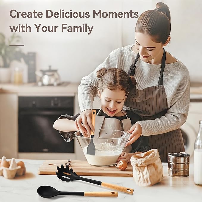 Kitchen Utensils Set, Large Non-stick Silicone Cooking Utensils Set 6 Pcs, Wooden Handle Heat Resistance Silicone Spatula Soup Ladle Pasta Server Kitchen Gadgets Utensils Set BPA Free (Black)