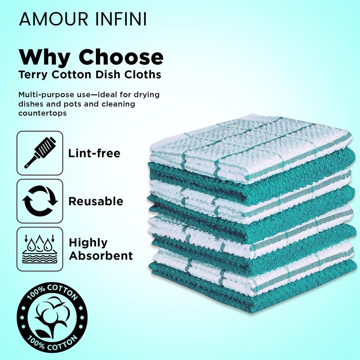 AMOUR INFINI Cotton Kitchen Dish Cloths Set of 8 – Highly Absorbent, Super Soft Premium Terry Cleaning Cloth (12"x12" Inch) Premium Dishcloths for Washing Dishes (Turquoise)