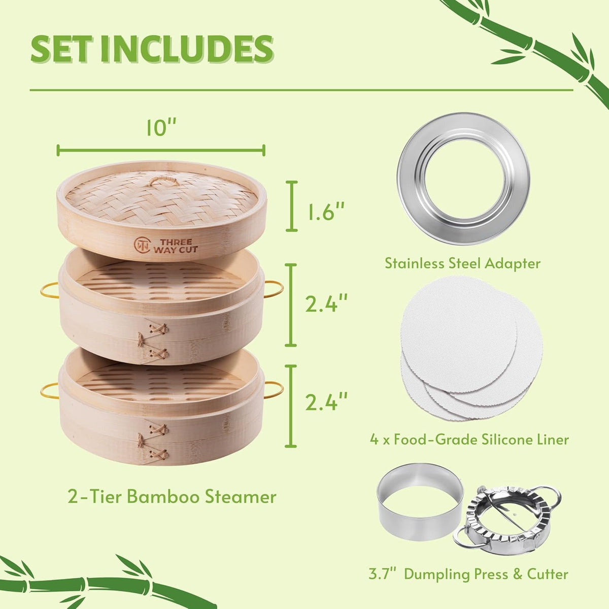 2 Tier Bamboo Steamer- 10" Baskets With Handle, Silicone Liner, Adapter, Molder Press For Cooking Vegetables Dumpling Press & Dough Cutter for Steaming Chinese Asian Food & Bao Bun, Dim Sum Potsticker