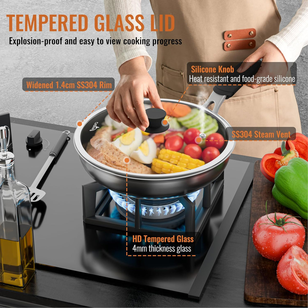 Tempered Glass Lids for Pots and Pans, Cast Iron Skillet Lid 10.5 Inch, Frying Pan Lid, Replacement Pan Cover, Wok, Crock Pot Lid with Wide Stainless Steel Rim, Heat Resistant Cookware Pan Lids