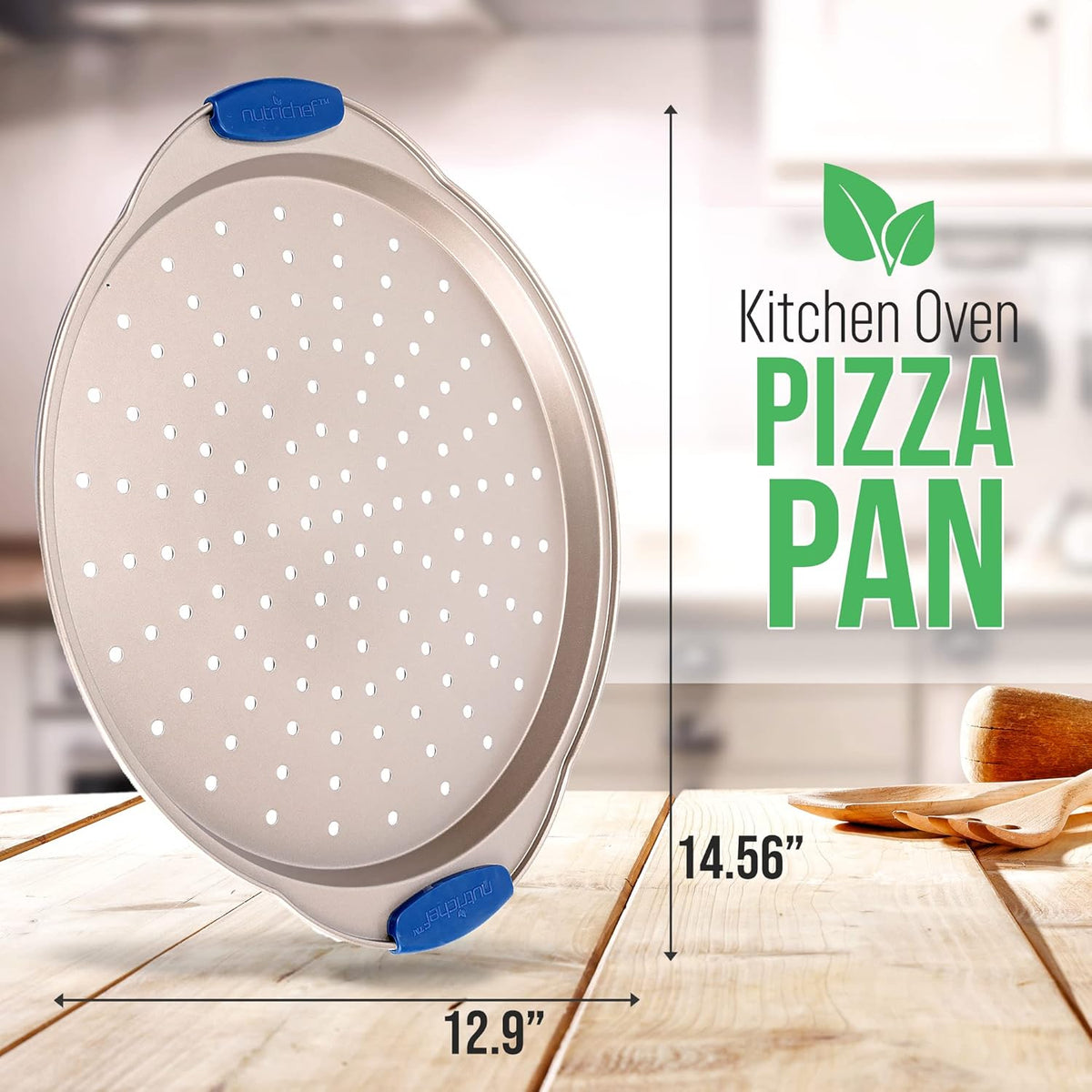 NutriChef 13-Inch Non-Stick Pizza Tray - with Silicone Handle, Round Steel Non-stick Pan with Perforated Holes, Premium Bakeware, Pizza Tray with Extended Handles, Dishwasher Safe - Champagne Gold