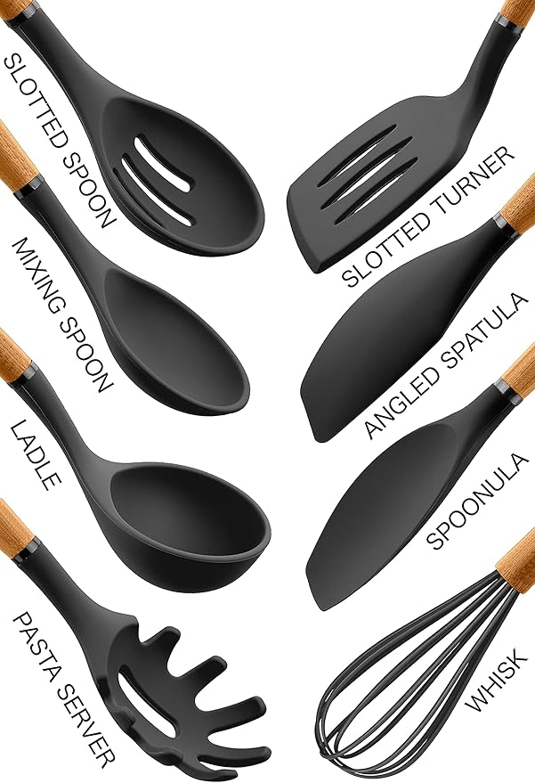 Country Kitchen Non Stick Silicone Utensil Set with Rounded Wood Handles for Cooking and Baking, 8 Piece Set, Black