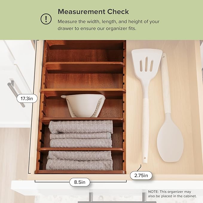 KitchenEdge Acacia Kitchen Towel and Storage Organizer, Perfect for Drawers, Cabinets, Pantry, 5 Adjustable Wall Inserts, Non-Slip Feet, Organize Containers, Food-Safe Finish