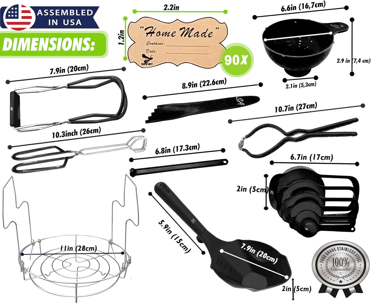 Supa Ant Black Canning Supplies Starter Kit-10 pc Canner Accessories with Canning Rack for Jars, XL Ladle, Wide Mouth Jar Funnel, Jar Lifter & Wrench, Bubble Popper/Measurer, Lid Lifter,Kitchen Tongs