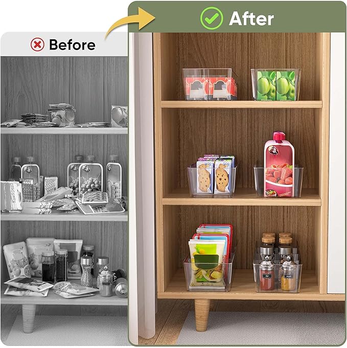 BALEINE Pantry Organizers and Storage Bins, Plastic Clear Storage Bins with 3 Removable Dividers, BPA-Free Fridge Organizers for Kitchen Cabinet Bathroom (10.5x6.1x3.5, 2PK)