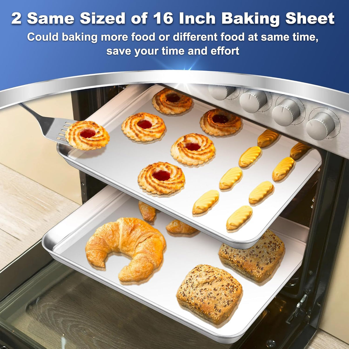 P&P CHEF 16 Inch Baking Cookie Sheet, Oven Pan Tray Stainless Steel Sheet Pan for Kitchen, Oven Bakeware for Multi Uses, Shiny Look & Dishwasher Safe, Healthy & Heavy Duty, 2Pcs