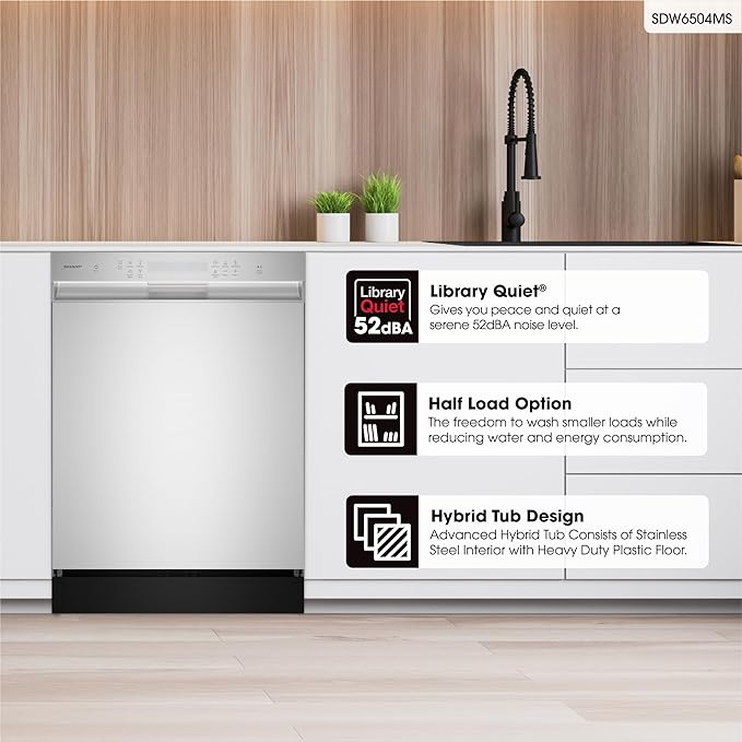 Sharp SDW6504MS Stainless Steel Dishwasher, 24-inch Pocket Handle, 52 dB, Hybrid Tub, 12 Place Settings, 5 Cycles, Heated Dry