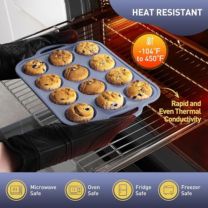 12 Cups Silicone Muffin Pan with Metal Reinforced Frame Regular Size Cupcake Pan Tray Egg Bites Silicone Rubber Cookie Molds Muffin Tin Baking Pans Tart Pan Not Stainless Steel Ceramic Aluminum