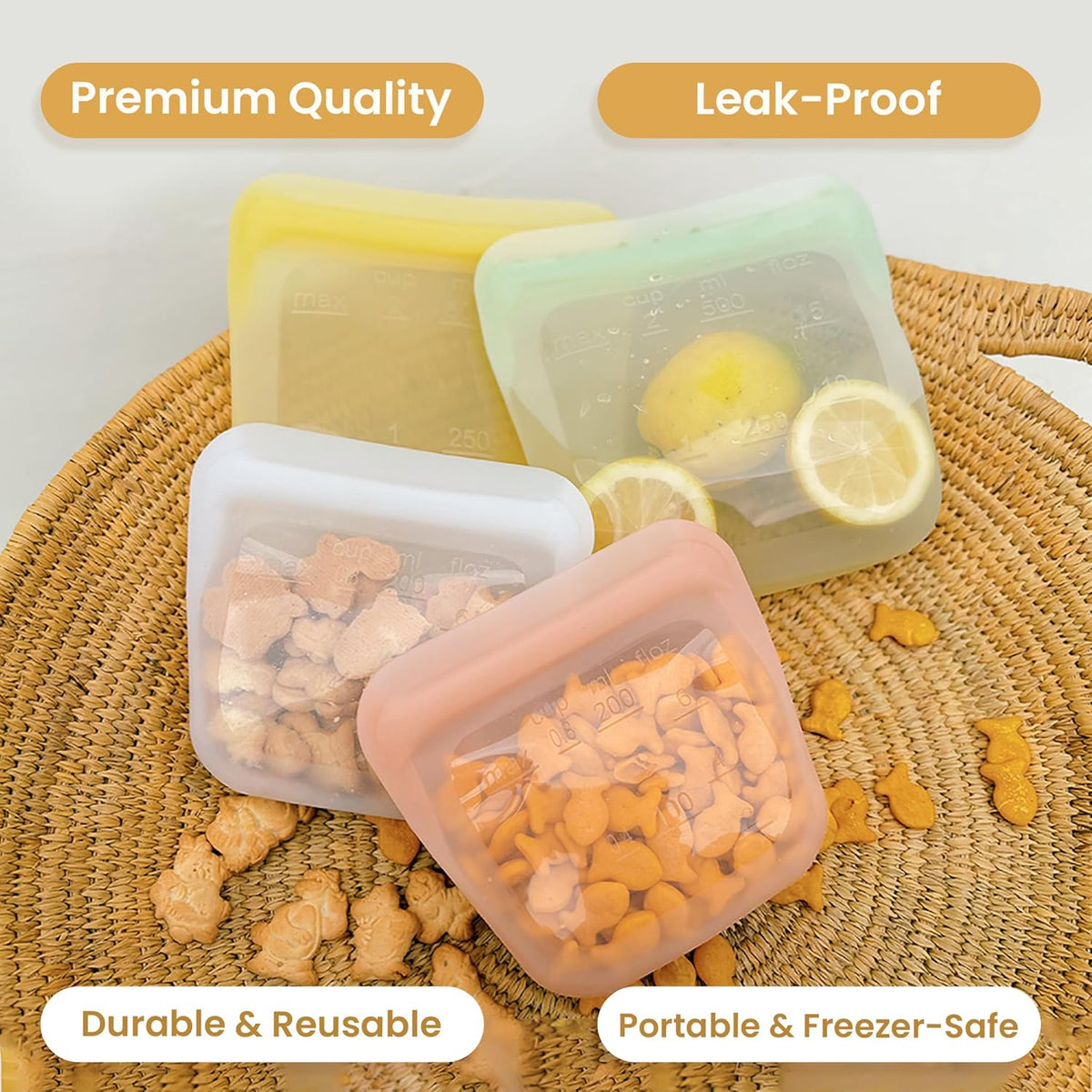 purifyou Set of 5 Reusable Silicone Storage Snack Bags 6oz / 16oz / 32oz / 64oz Self-Seal Food Storage Container for Fruits, Vegetables, Sandwiches, Dishwasher Safe & Leak-free (CloudPink, 16oz)