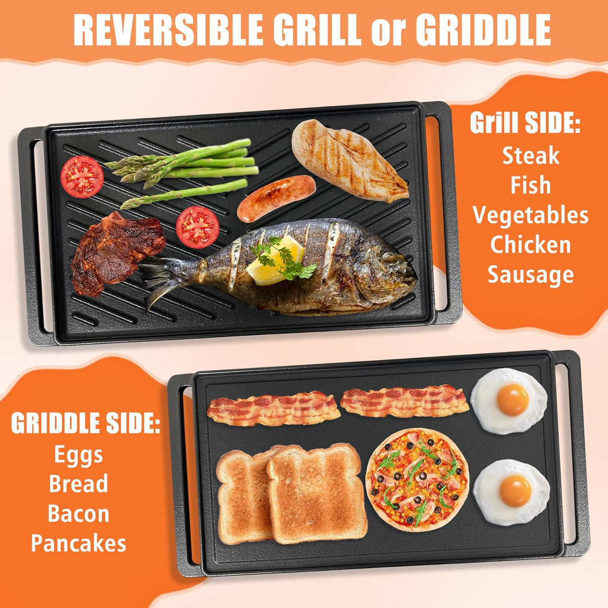 Cast Iron Griddle for Stove Top Large Flat Top Double Griddle Pan for Gas Grill, Fits Two Burners, for Gas, Electric, Ceramic Stovetops, Indoor & Outdoor Cooking - 19" x 10"