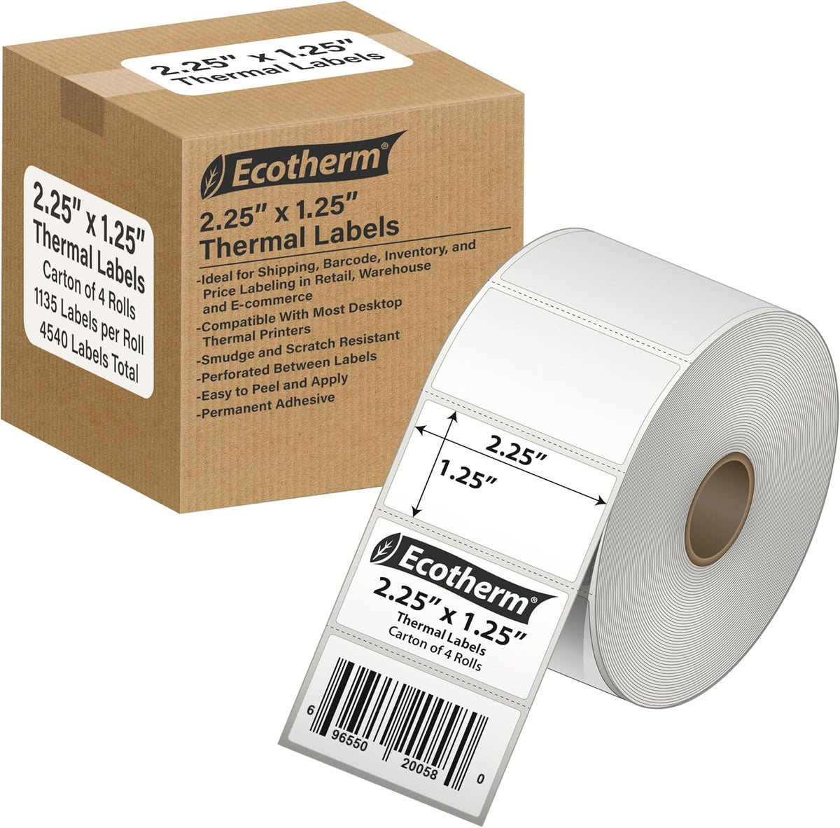 2.25" x 1.25" Thermal Labels | 4 Rolls | 4540 Labels | fits Zebra, Munbyn, Rollo, Godex, Arkscan, iDPRT, Offnova Thermal Label Printers and More | Blank White Adhesive Stickers by Ecotherm