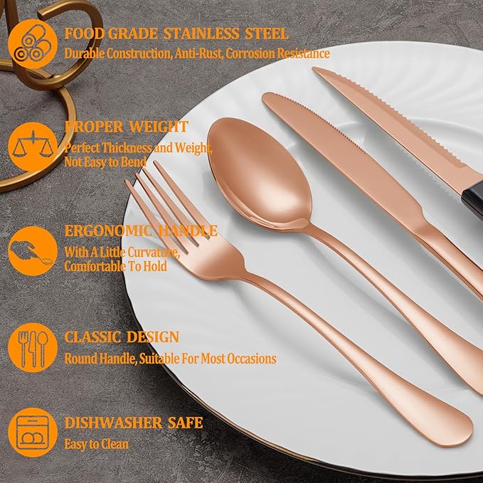 48 Pcs Rose Gold Silverware Set with Steak Knives Service for 8,Stainless Steel Flatware Set,Mirror Polished Cutlery Utensil Set, Kitchen Eating Tableware,Include Fork Knife Spoon Set,Dishwasher Safe