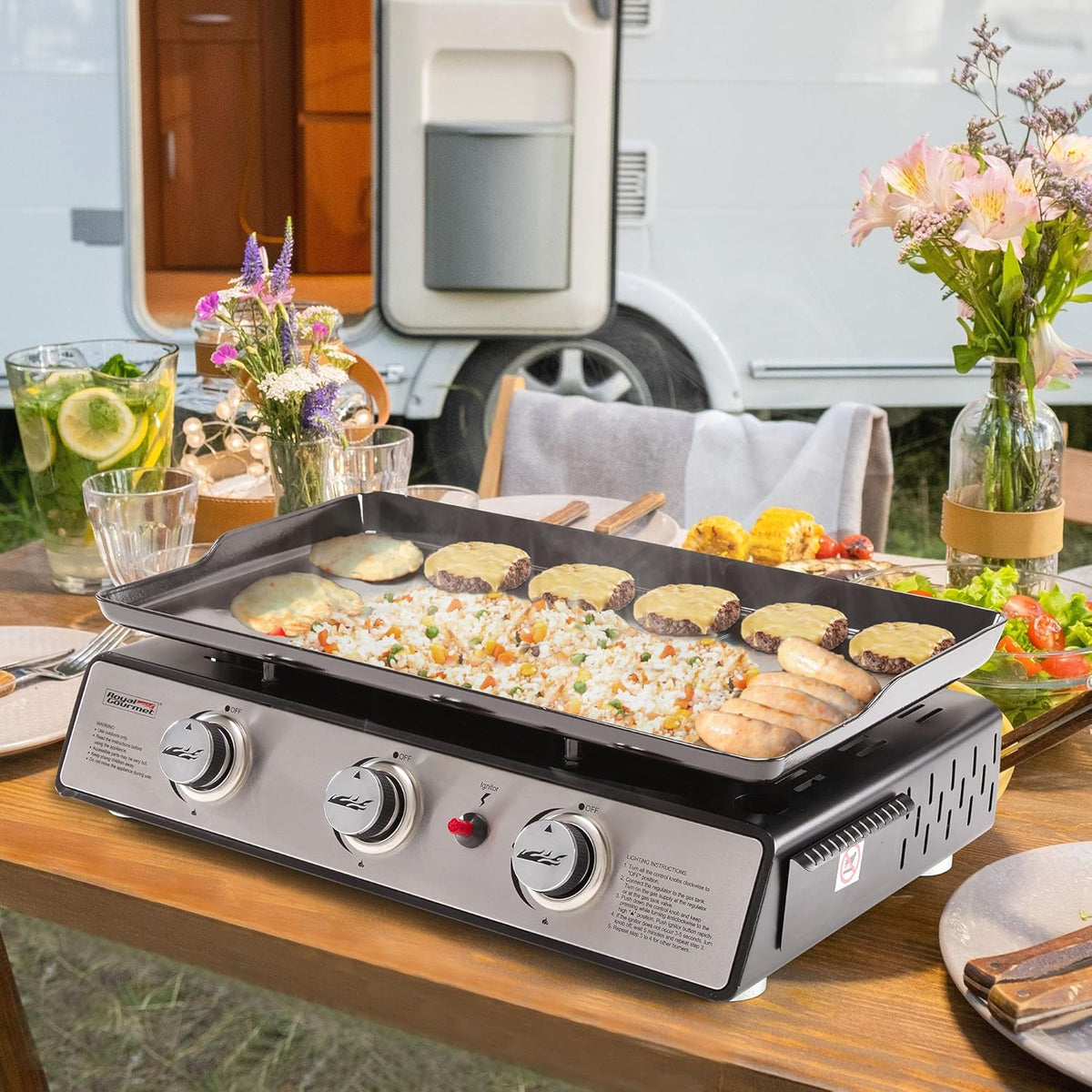 Royal Gourmet PD1301S Portable 24-Inch 3-Burner Table Top Gas Grill Griddle with Cover, 25,500 BTUs, Outdoor Cooking Camping or Tailgating, Black