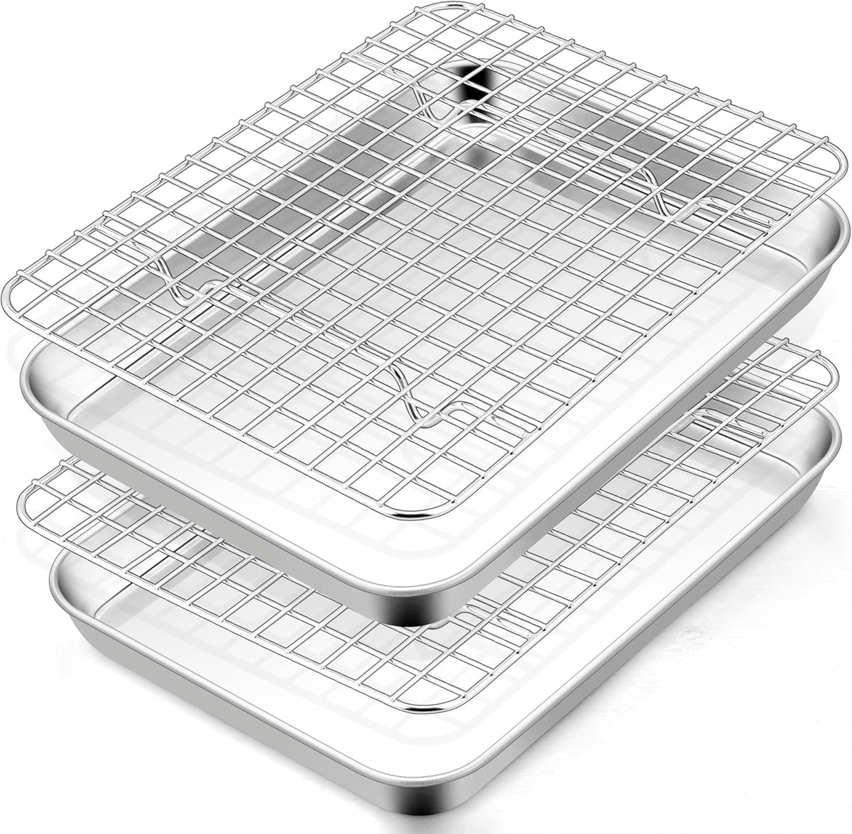 TeamFar Toaster Oven Pan with Rack Set, 9 x 7 x 1 Inch Stainless Steel Mini Baking Pan Tray with Grid Rack for Baking Roasting Cooling, Non-Toxic & Heavy-Duty, Dishwasher Safe, (2 Pans + 2 Racks)