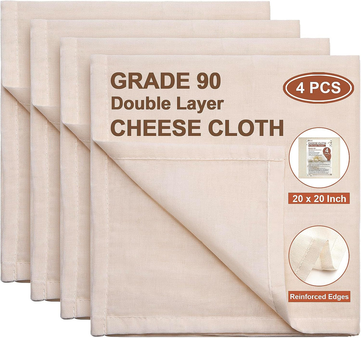 eFond Cheese Cloths | 4-Pack Double Layers, 20x20Inch Squares with Hemmed Edges | Grade 90 Reusable Cheesecloth for Straining | Unbleached Cotton Muslin Cloths | For Nut Milk, Butter, Baking & Cooking