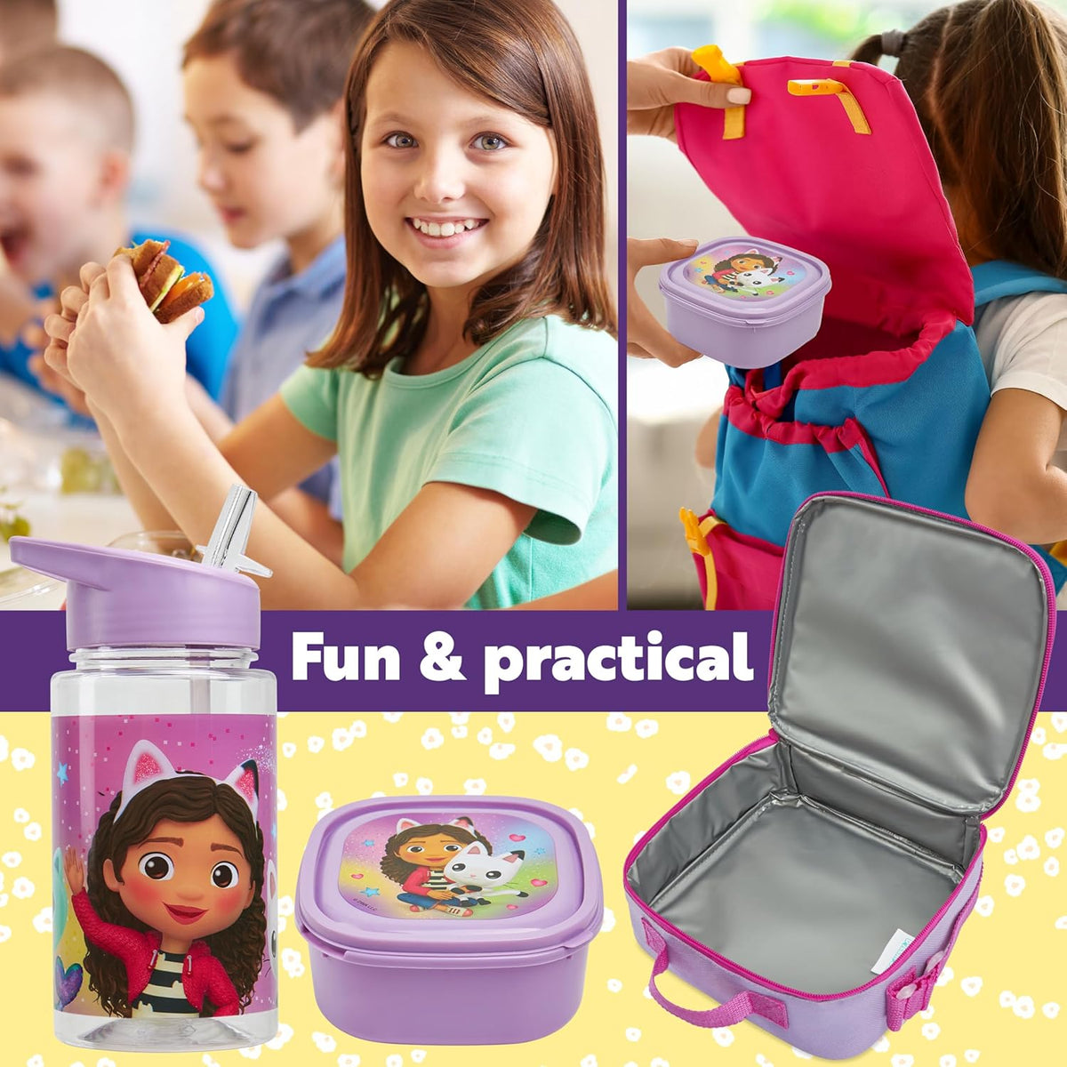 Get Trend Gabby's Dollhouse Kids Lunch Bag Set 3 Pc with Leak Proof Water Bottle and Small Lunch Box Insulated for School Daycare Travel (Gabby’s Dollhouse)