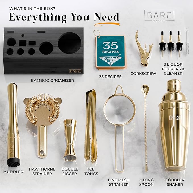 BARE BARREL® Mixology Bartender Kit Bar Set | 14-Piece Cocktail Shaker Set | Martini Barware Mixing Tools for Home Bartending | Incl. 35 Recipe Cards | Gift Set (24oz Cobbler Shaker, Gold/Black)