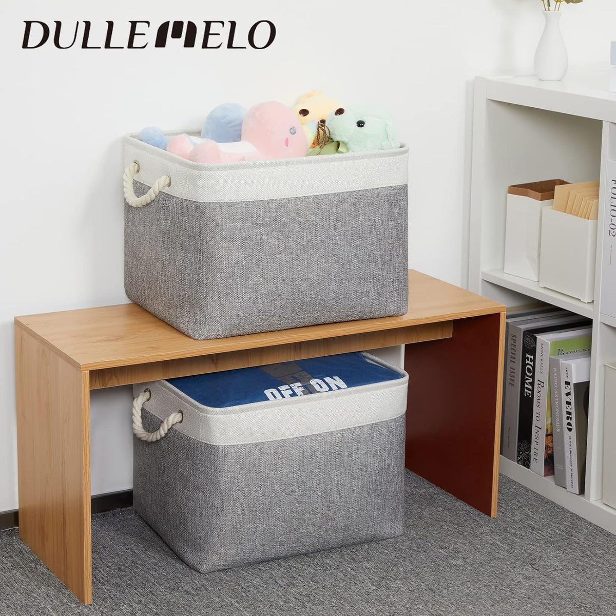 DULLEMELO Storage Baskets for Organizing 16x12x12 Large Fabric Storage Bins Baskets Set of 2 Collapsible Decorative Storage Boxes for Shelves Closets Nursery Toy Clothes (White And Grey)