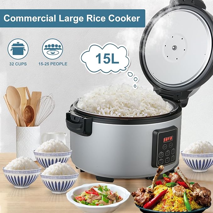 15L/15.8Quart (84 cups cooked rice) Extra Large Commercial Rice Cooker & Food Warmer with Time presetting, 6 Functions, Timer Delay Energy-Efficient for Professional Kitchens,Can preset cooking time