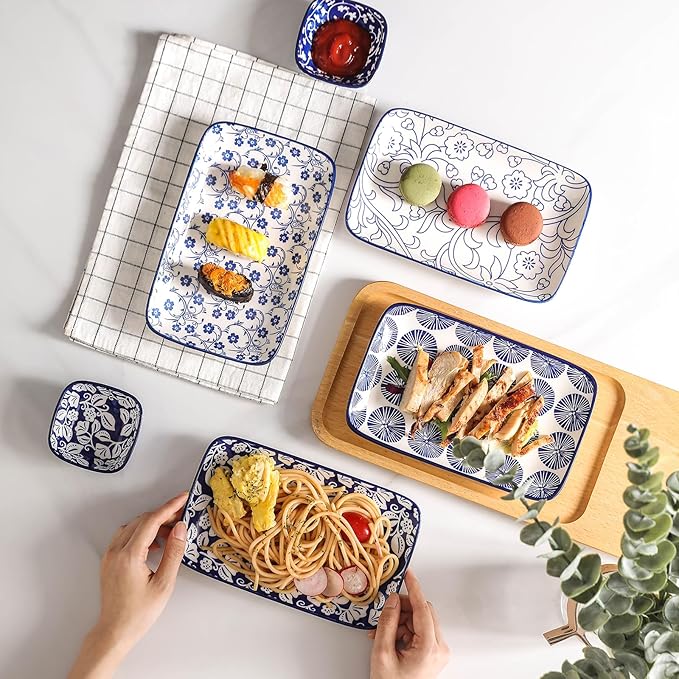 Selamica Ceramic Rectangular Salad Plates Set, Dinner Plate 9.4 Inch Dessert Plates for Party Entertaining, Small Serving Plates for Appetizers, Sushi, Fruit, Set of 4, Vintage Blue
