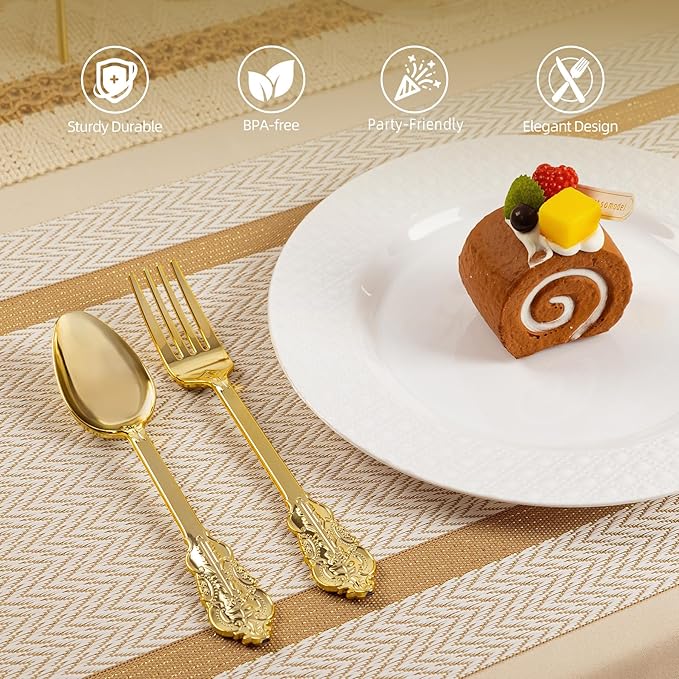 N9R 200PCS Gold Spoons and Forks Set, Heavy Duty Gold Plastic Silverware Set Fancy Disposable Utensils for Parties, Elegant Cutlery Sets for Wedding, Birthday(100 Forks & 100 Spoons)