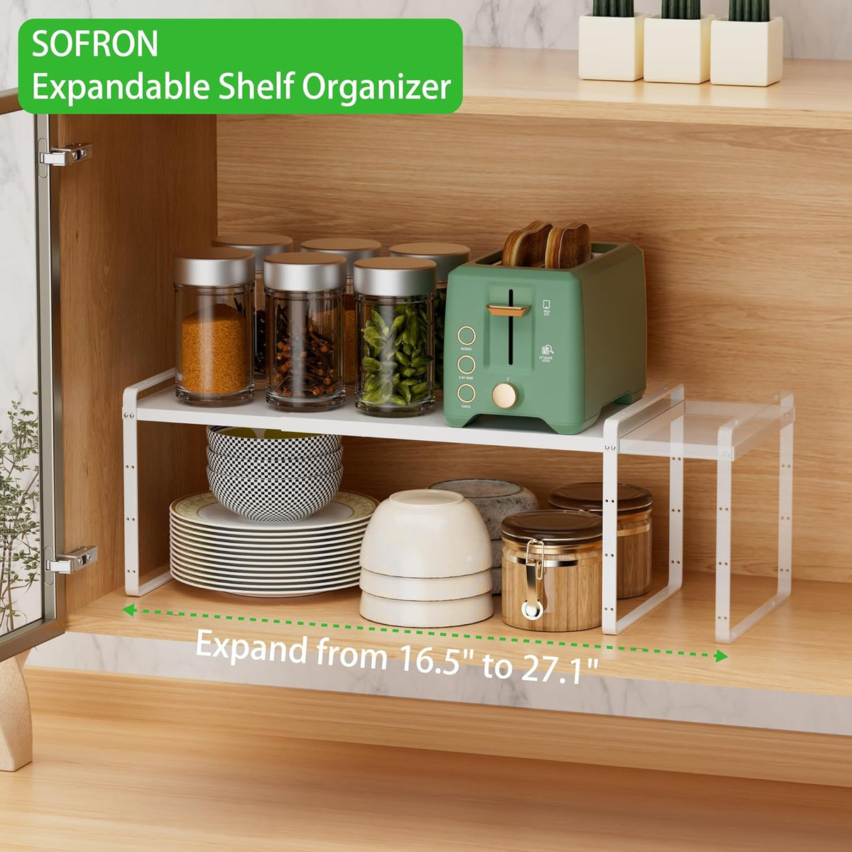 Expandable Cabinet Storage Shelf Stackable Organizer Rack for Kitchen Bathroom Pantry Spice Cupboard Countertop Home Office Desk Heavy Duty Nonslip White Large 3 Pack