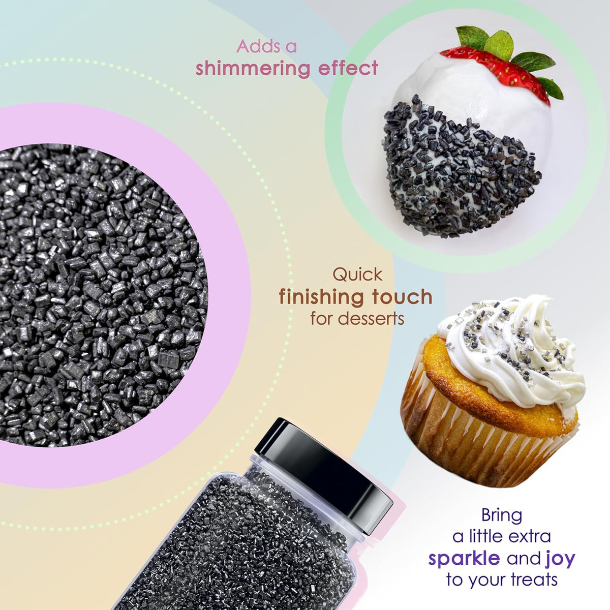 Bakerpan Pearlized Sugar Sprinkles for Baking - 5 Ounce - Sparkling Black Decorating Sugar Crystals for Cookies, Cake Pops, Ice Cream (Made in USA)