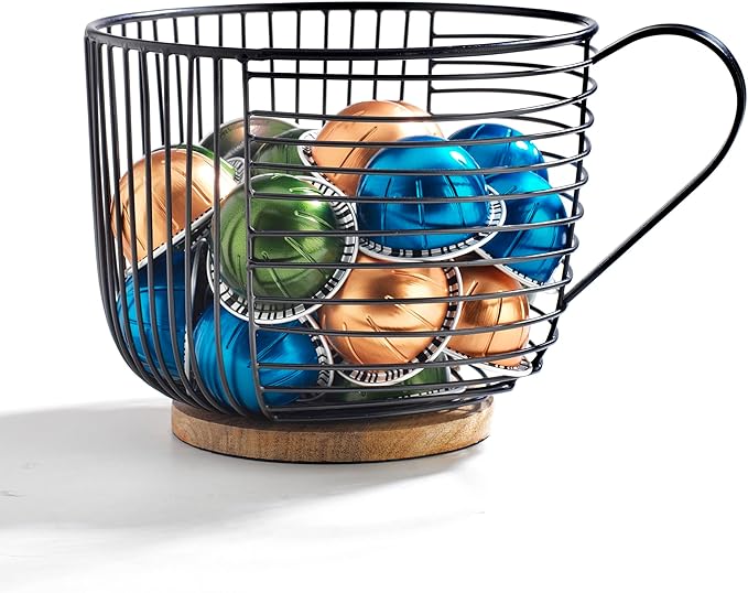 Coffee Pod Holder - Large Capacity Black Wire K Cup Storage with Wooden Base - Modern Coffee Basket Decor for Kitchen Countertop for Keurig Kcups & Espresso Capsules