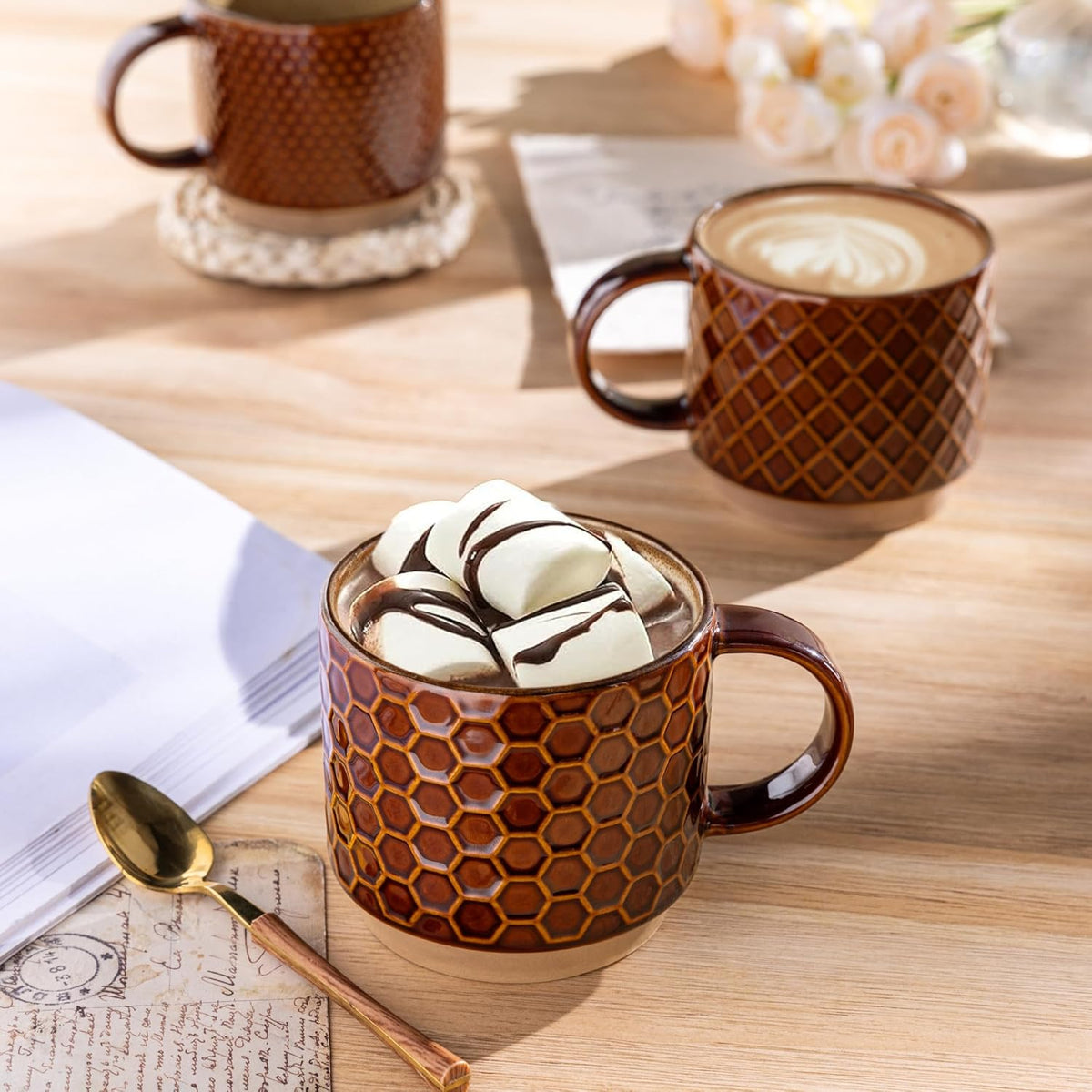 GBHOME 12 OZ Stackable Coffee Mugs, Ceramic Coffee Cups with Texture Patterns for Man,Woman,Dad,Mom, Modern Coffee Mugs Set of 4 for Latte/Cappuccino/Cocoa. Dishwasher&Microwave Safe