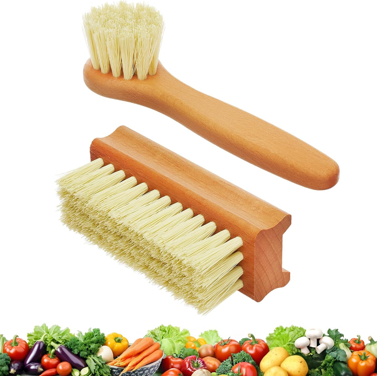 Vegetable Brush Set of 2 - Fruit and Vegetable Brush Scrubber for Food, Potato Scrubber, Mushroom Brush with Comfortable Wooden Handle, Veggie Brush for Carrots, Natural Produce Cleaning Brush
