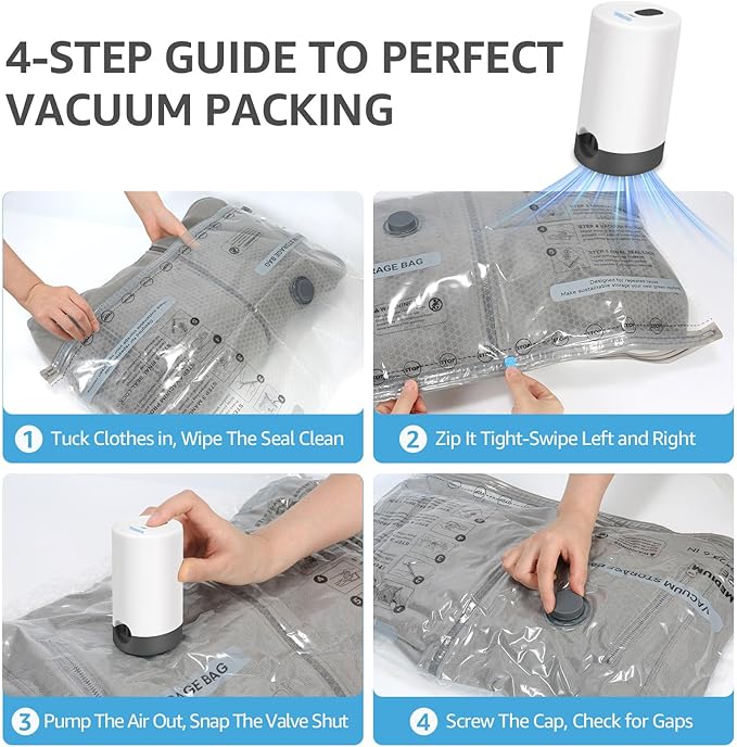 Vacuum Bags for Travel with Rechargeable Pump, 15 Packs of 3 Sizes Vacuum Seal Bags for Clothing, Space-Saving Compression Vacuum Travel Bags for Luggage, Vacuum Packing Bags for Closet Organization