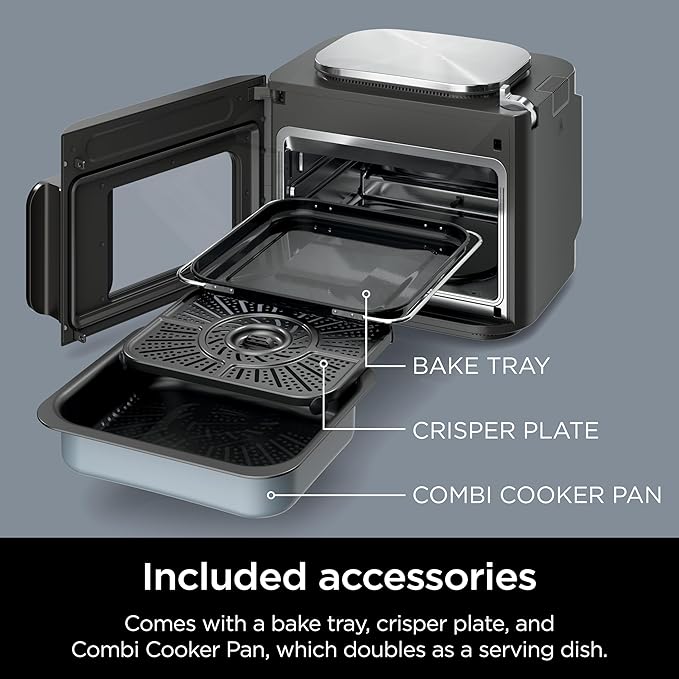 Ninja Combi All-in-One Multicooker, Oven, & Air Fryer, Complete Meals in 15 Mins, 14-in-1 Functions, Combi Cooker + Air Fry, Bake, Roast, Slow Cook and More, 3 Accessories, Stainless Steel, SFP701