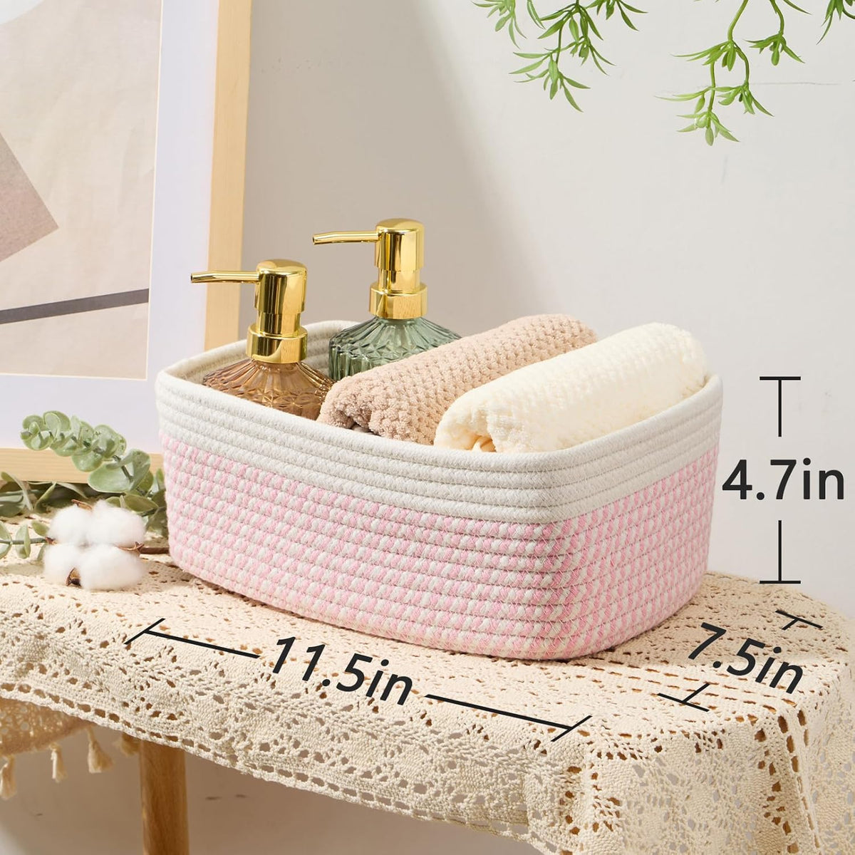 Small Storage Baskets for Organizing | Closet Organizer Bins | Shelf Toy Basket | Woven Rope Baskets | Cube Decorative Box | Shallow Basket | 11.5x7.5x4.7” | 4 Packs White Pink