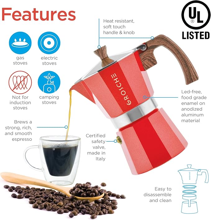 GROSCHE Milano Stovetop Espresso Maker Moka Pot 9 espresso Cup, 15.2 oz, Red - Cuban Coffee Maker Stove top coffee maker Moka Italian espresso greca coffee maker brewer percolator