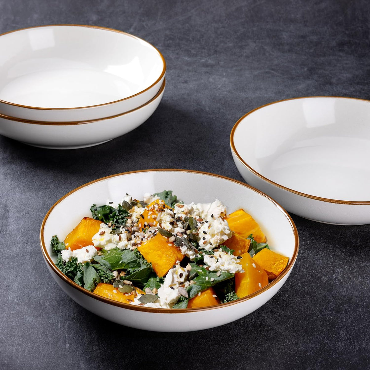 AmorArc 8.5'' Large Pasta Bowls, 36oz Ceramic Salad Serving Bowls Set of 6 for Kitchen, Wide Stoneware Bowls for Pasta,Salad,Fruit,Bread, Microwave Safe, Reactive-Pearl White