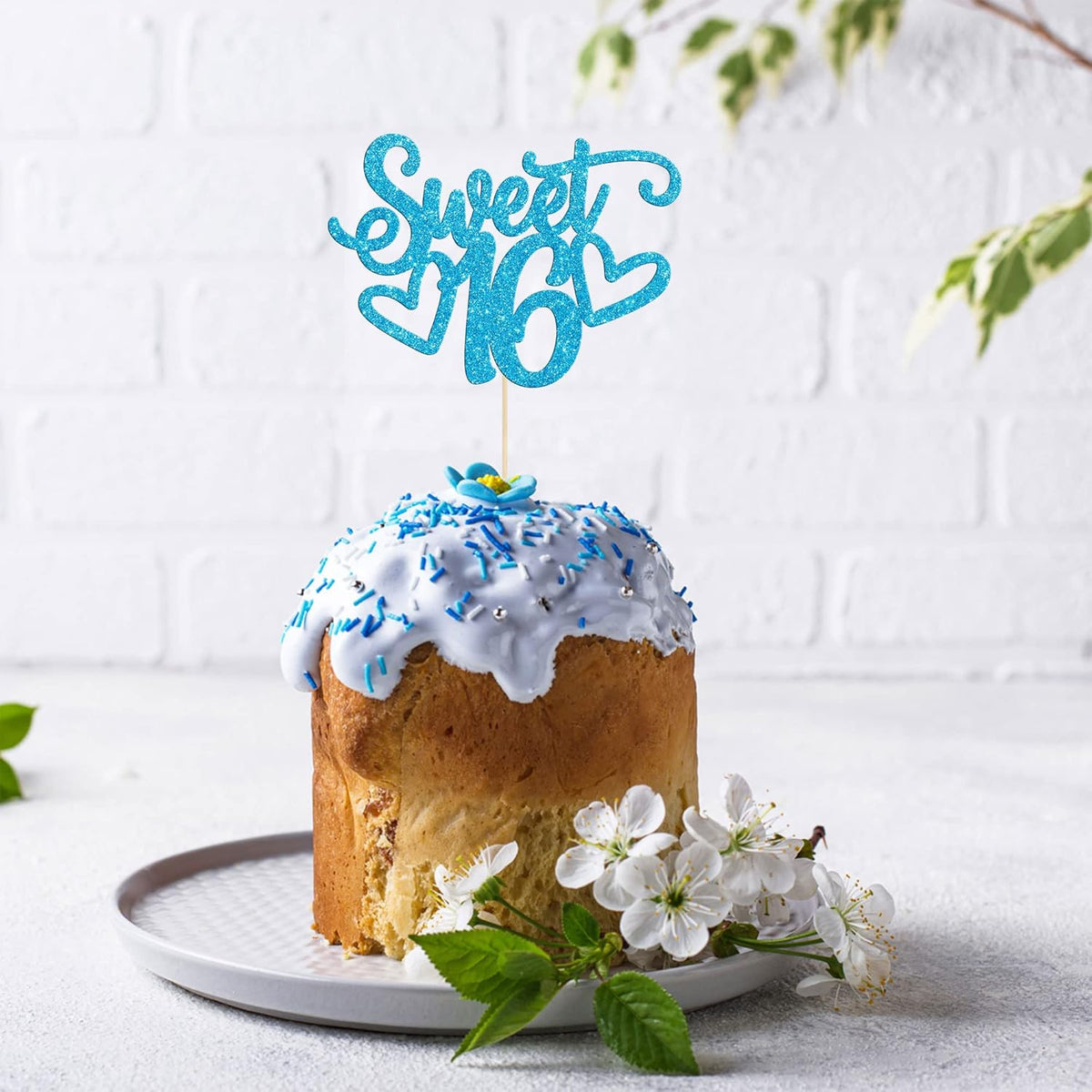 Gyufise 1Pc Sweet Teenager 16 Cake Topper Glitter 16th Birthday Cake Pick for Cheers to 16 Years Old 16th Birthday Party Cake Decorations Supplies Light Blue