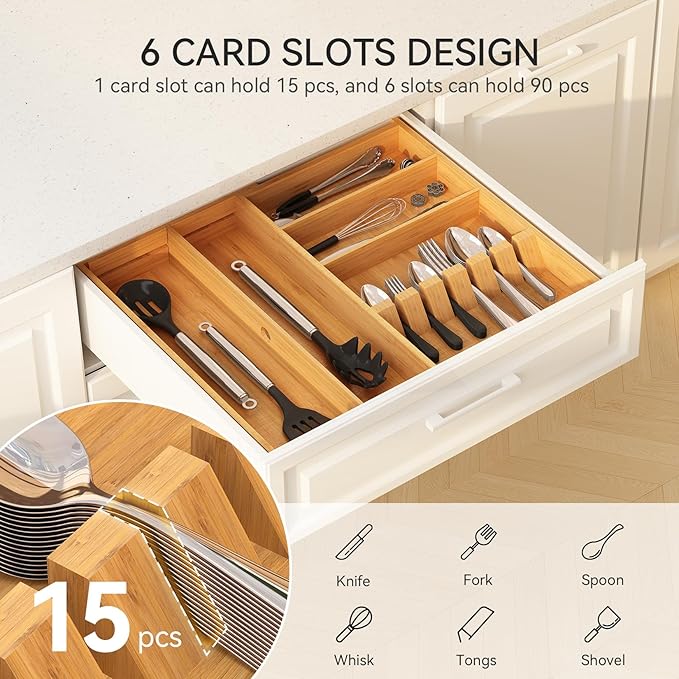 Yofidra Pure Bamboo Silverware Drawer Organizer: 16.9x18.9 Expandable Large Silverware Utensil Tray Holder, 5-Compartment with 6 Card Slots Flatware Organizer Kitchen Organizers and Storage